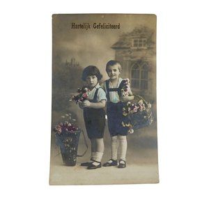 Vintage Adorable Dutch Boy and Girl w/Baskets of Flowers RPPC Postcard 1910's?